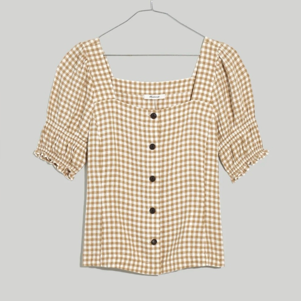 Madewell- Linen-Blend Square-Neck Puff-Sleeve Top in Gingham. S. Originally $88